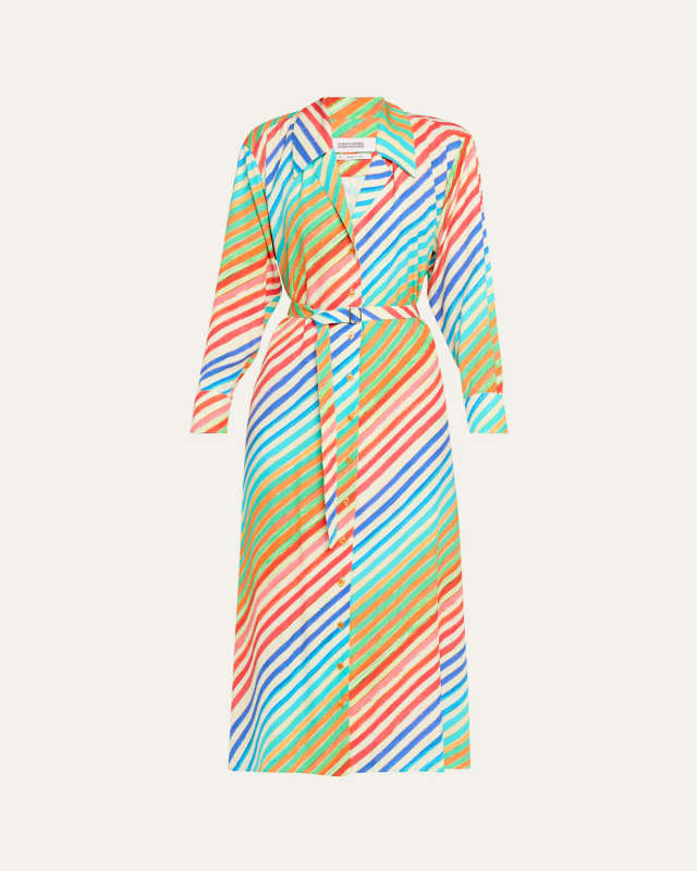 Rainbow Striped Waist-Tie Bias Midi Shirtdress